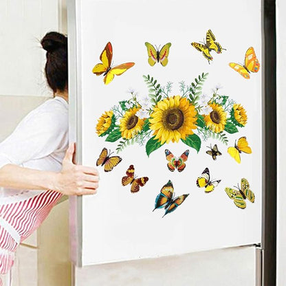 Sunflowers Wall Decal with 12 PCS 3D Colorful Butterfly Wall Stickers for Nursery Bedroom Bathroom Kitchen, Removable Yellow Flower Mural DIY Wall Art Decor Home Decorations for Living Room