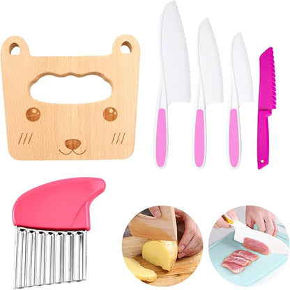 6 PCS Kids Kitchen Safe Wooden Knife Set for Real Cooking, Kids Montessori Kitchen Cooking Tools, Plastic Serrated Edges Toddler Knives, Crinkle Potato Cutter for Children Cooking (Pink)