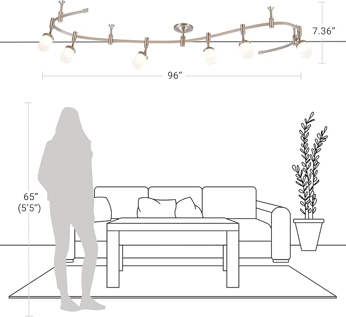 Catalina Lighting 96" 6-Light Integrated LED Flex Track Spotlight Ceiling Light, Brushed Nickel, for Kitchen, Living Room, Home Lighting