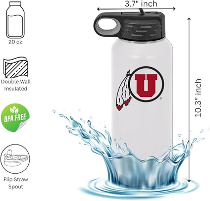 University of Utah 32oz Stainless Steel Double Walled White Beverage Bottle with Flip Straw Spout - College Gear for Playoff Season – For Office, Home or Auto – Show your Utes Pride