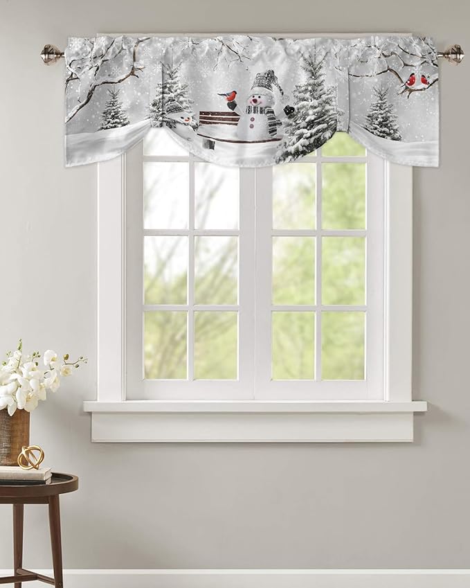 Winter Christmas Blackout Tie Up Valance Curtains for Kitchen Windows Cute Snowman Cardinals Window Toppers Balloon Shades for Living Room/Bathroom/Bedroom,1 Panel, 42" X 12", GreySnowy Pine Forest