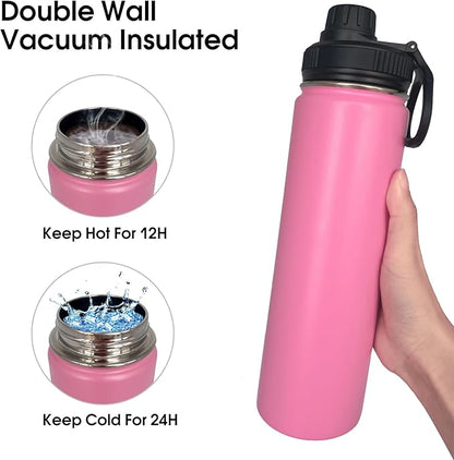 1pack 22 oz Insulated Water Bottle With Straw, Stainless Steel Sports Water Cup Flask with 2 Lids, Wide Mouth Travel Thermal Mug,Pink