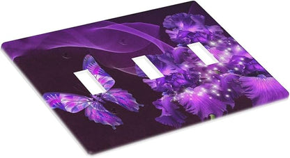 Purple Butterfly Flower Triple Toggle Light Switch Wall Plate Cover Decorative 3-Gang for Girls Room Bathroom Bedroom Home Kitchen Three Lightswitch Polycarbonate 4.5" x 6.38"