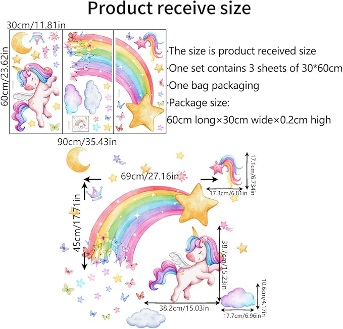 Colorful Wall Decals Set - Rainbow, Moon & Stars, Unicorn Designs - 30x60cm Sheets - Easy Peel & Stick for Home Decor