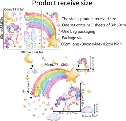 Colorful Wall Decals Set - Rainbow, Moon & Stars, Unicorn Designs - 30x60cm Sheets - Easy Peel & Stick for Home Decor