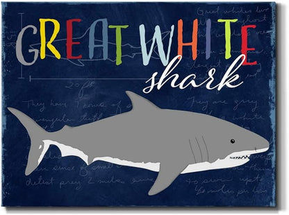 Renditions Gallery Canvas Animal Wall Art Home Paintings & Prints Smiling Playful White Shark Modern Abstract Vibrant Wall Hanging Decorations for Kids Bedroom Nursery - 32"x48" LT33