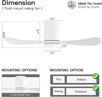 42 Inch Low Profile Ceiling Fan with Lights, Modern Flush Mount Ceiling Fan, 3 ABS Blades, 6-Speed, Reversible DC Motor, Noiseless, for Indoor/Outdoor Kitchen Bedroom (White)