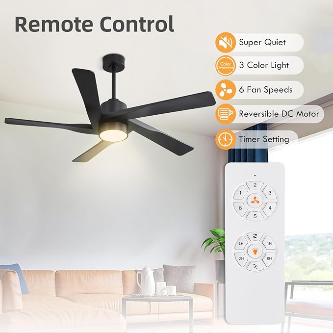 WINGBO 64" ABS DC Ceiling Fan with Lights, 5 Blade ABS Plastic Ceiling Fan with Remote, 6-Speed Reversible DC Motor, LED Ceiling Fan for Kitchen Bedroom Living Room, Matte Black