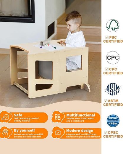 Toddler Tower, Toddler Kitchen Stool Helper, Foldable Weaning Table with Chalkboard and Safety Rail, Montessori Kids Toddler Standing Tower and Kids Step Stool for Bathroom and Counter