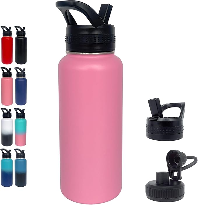 1pack 32 oz Insulated Water Bottle With Straw, Stainless Steel Sports Water Cup Flask with 2 Lids, Wide Mouth Travel Thermal Mug,Pink