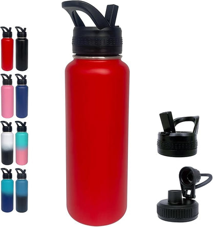 1pack 40 oz Insulated Water Bottle With Straw, Stainless Steel Sports Water Cup Flask with 2 Lids, Wide Mouth Travel Thermal Mug,Red