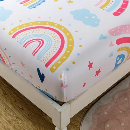 qjmiaofang Rainbow Twin Sheets Girls Rainbow Fitted Sheet for Kids Rainbow Bed Sheets 3Pieces Cartoon Rainbow Flat Sheet with Clouds Printed Bed Set Little Rainbow Bedding Set for Home Decor