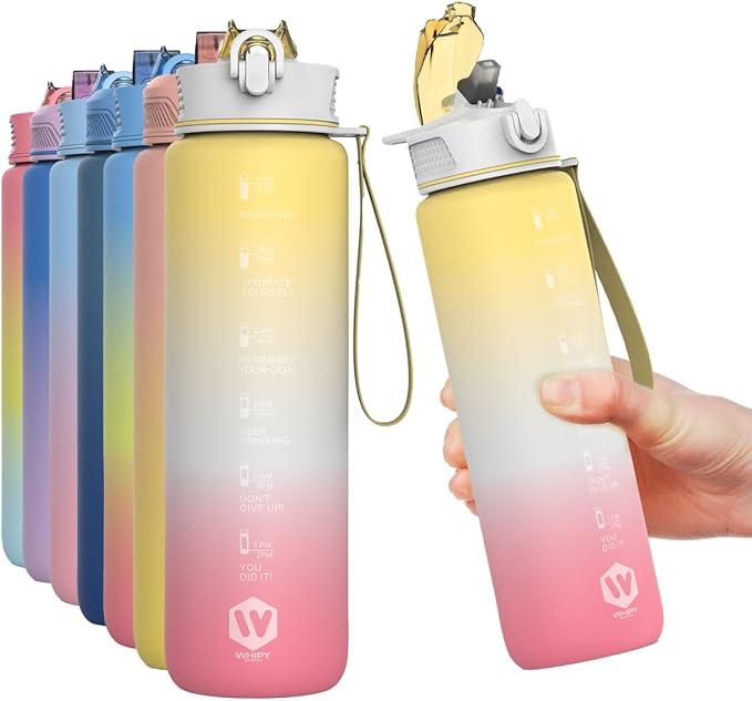 1L Water Bottle with Straw - Leak-Proof & BPA Free Reusable Sports Bottle - Motivational Time Markings for Hydration Durable Drink Bottle for Gym, Sports, Outdoor (Yellow White and Pink)