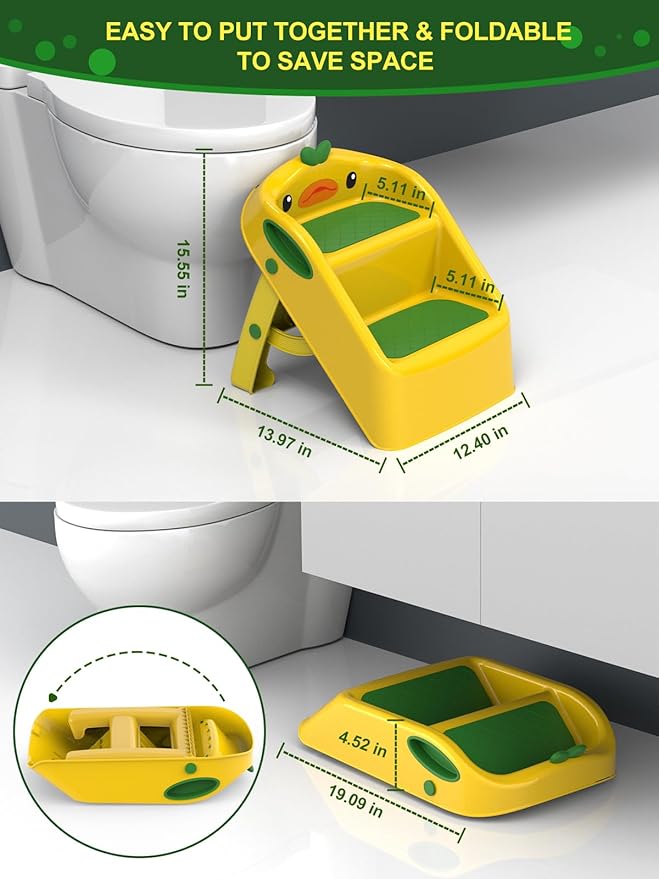 Toddler Kids Step Stool for Kitchen Bathroom Sink, Green & Yellow | Dual Height 11" Child Kid 2 Step Stool Toilet Potty Training Kitchen Helper - Foldable - Save Space, Easy to Move, Slip-Resistant