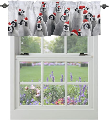 Vandarllin Funny Penguin with Christmas Hat Kitchen Curtains Valances for Windows Winter Holidays Rod Pocket Window Treatment for Kitchen/Living Room/Bedroom/Bathroom,42" X 12" -1 Panel,