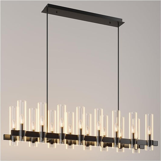 54 Inch Black Chandelier Linear with Clear Glass Shade, 16-Lights Modern Farmhouse Ceiling Pendant Hanging Light Fixture Over Table, for Dining Room, Kitchen Island