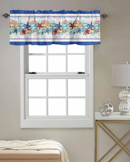 Vandarllin Coastal Beach Kitchen Curtains Valances for Windows Nautical Ocean Seashell Coral Starfish Rod Pocket Window Treatment for Kitchen/Living Room/Bedroom/Bathroom, 60" X 18", Blue Teal Summer