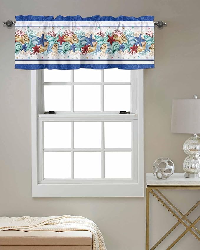 Vandarllin Coastal Beach Kitchen Curtains Valances for Windows Nautical Ocean Seashell Coral Starfish Rod Pocket Window Treatment for Kitchen/Living Room/Bedroom/Bathroom, 54" X 18", Blue Teal Summer