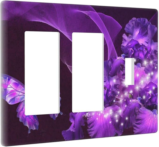 Purple Butterfly Flower Combo 2 Rocker 1 Toggle Light Switch Wall Plate Cover Decorative 3-Gang for Electrical Outlets Girls Room Bathroom Bedroom Home Kitchen Two Decora Receptacle 4.5" x 6.38"