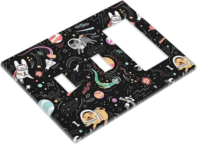 Space Cute Cat Dog Decorative Combo 2 Toggle 1 Rocker Light Switch Cover Wall Plate Single Decora 3 Gang for Electrical Outlet Kitchen Kids Boys Room Bedroom Bathroom Home Novelty Decorate