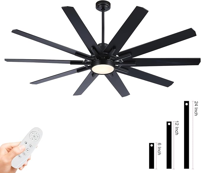 72 inch Large Black Ceiling Fans with Lights and Remote,Industrial ceiling fan 6 Speed Reversible Quiet DC Motor, 3 CCT,10 Blades Indoor/Outdoor Black Modern Ceiling Fan for Kitchen Living Room Patio