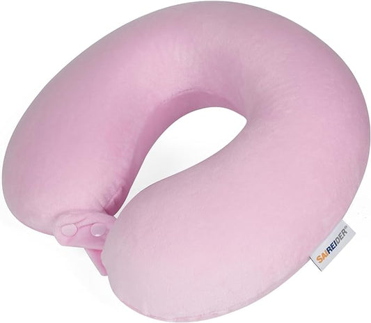 SAIREIDER Travel Neck Pillow 100% Pure Memory Foam Airplane Pillow for Head Support,Soft Adjustable Pillow for Plane, Car & Home Recliner (Pink)