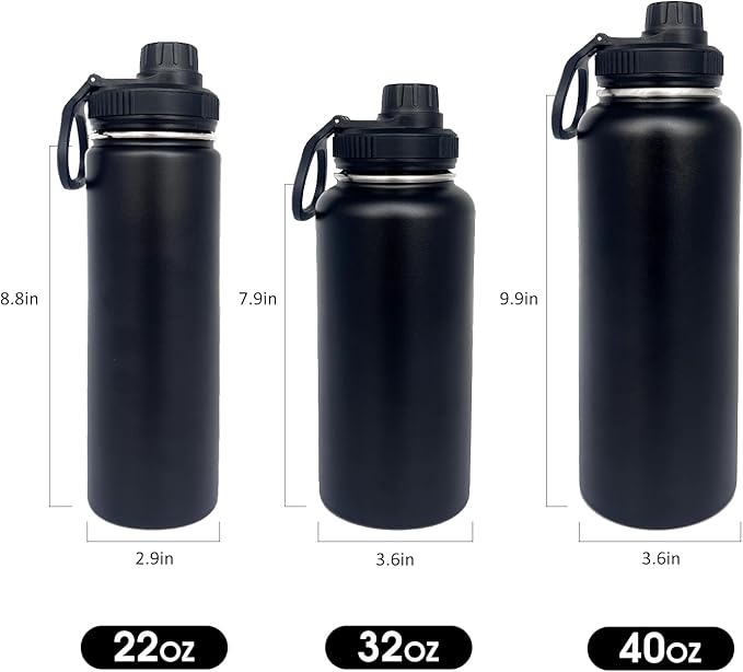 1pack 32 oz Insulated Water Bottle With Straw, Stainless Steel Sports Water Cup Flask with 2 Lids, Wide Mouth Travel Thermal Mug,Black