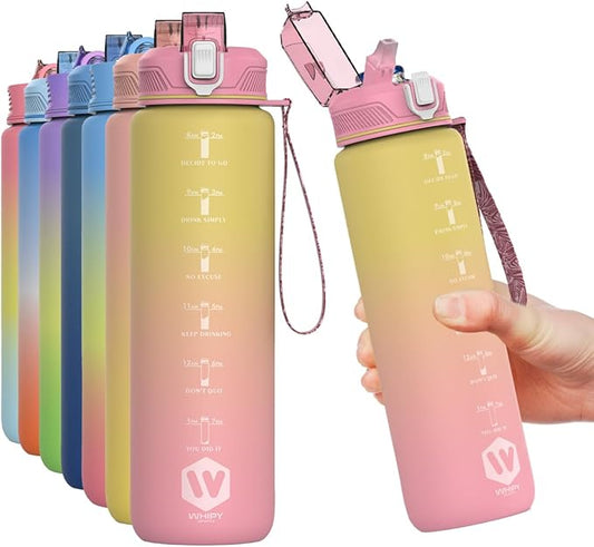 1L Water Bottle with Straw - Leak-Proof & BPA Free Reusable Sports Bottle - Motivational Time Markings for Hydration Durable Drink Bottle for Gym, Sports, Outdoor (Yellow and Pink)