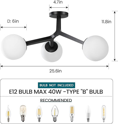 Semi Flush Mount Ceiling Light Fixture 3-Light Black Modern Gold Chandelier with Globe Milky Frosted Glass Shade E12 Sputnik Ceiling Light for Kitchen, Hallway Light Fixtures Ceiling