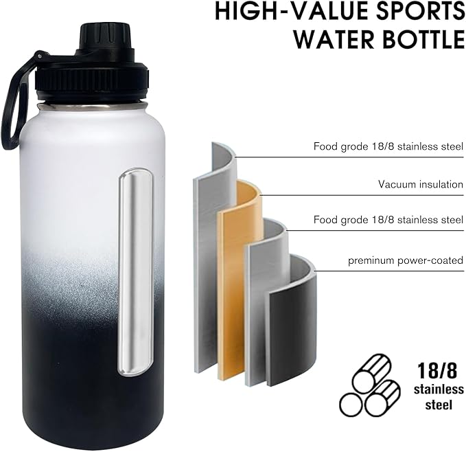 1pack 32 oz Insulated Water Bottle With Straw, Stainless Steel Sports Water Cup Flask with 2 Lids, Wide Mouth Travel Thermal Mug,Black white