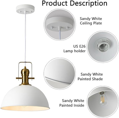 12 Inch Sandy White Farmhouse Pendant Lights Pendant Lights for Kitchen Island Industrial Adjustable Height Vintage Dome Hanging Light Fixtures for Barn, Dining Room 1 Pack