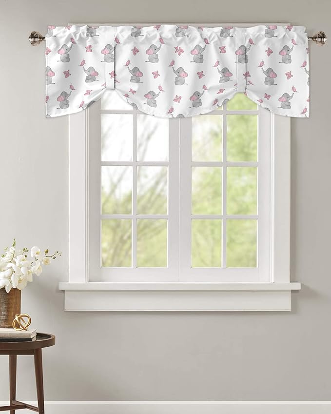 Tie Up Valance for Kitchen Living Room Farmhouse - Cute Girly Pink Baby Elephant and Butterfly Rod Pocket Adjustable Tie-up Shade Valance for Small Window, Balloon Drape Valance 42x12 inches