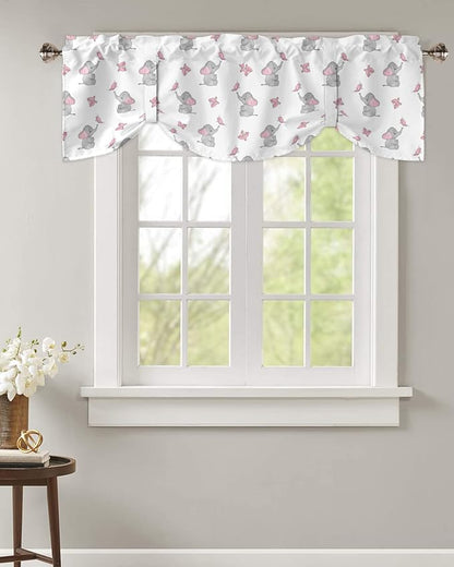 Tie Up Valance for Kitchen Living Room Farmhouse - Cute Girly Pink Baby Elephant and Butterfly Rod Pocket Adjustable Tie-up Shade Valance for Small Window, Balloon Drape Valance 42x12 inches