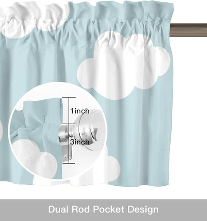 Vandarllin Kids Kitchen Curtains Valances for Windows Blue White Cloud Cartoon Rod Pocket Window Treatment for Kitchen/Living Room/Bedroom/Bathroom,42" X 18" -1 Panel,