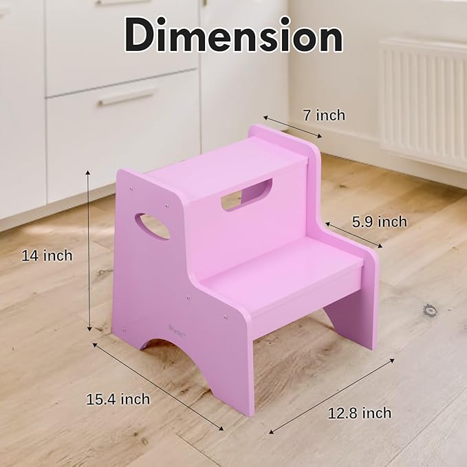 Wooden Toddler Step Stool for Kids, Toddler Kitchen Stool Helper, Toddler Step Stool with Handle Bamboo Step Stool for Bathroom, Kitchen Dual Height Step Stools for Kids(Pink)