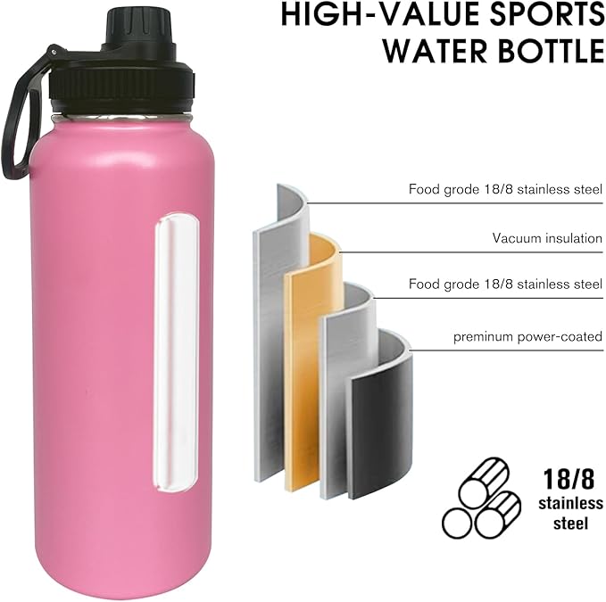 1pack 40 oz Insulated Water Bottle With Straw, Stainless Steel Sports Water Cup Flask with 2 Lids, Wide Mouth Travel Thermal Mug,Pink