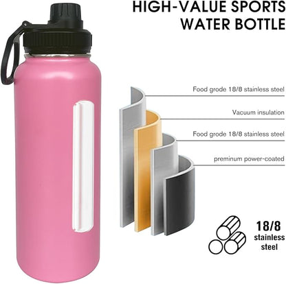 1pack 40 oz Insulated Water Bottle With Straw, Stainless Steel Sports Water Cup Flask with 2 Lids, Wide Mouth Travel Thermal Mug,Pink