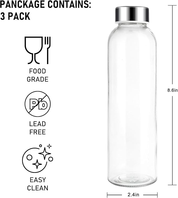 18 oz Glass Juice Bottles with Lids, Glass Juicing Bottles, Reusable Glass Water Bottles with Stainless Steel Airtight Cap for Refrigerator, BPA Free, Leak Proof, Eco-Friendly, Set of 3