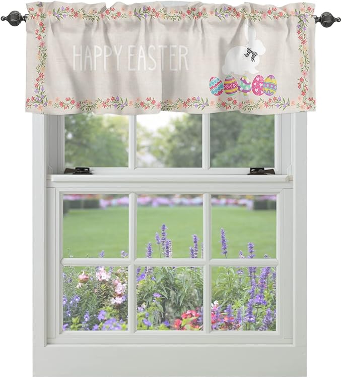 Easter Day Valances Kitchen Curtains for Windows,Easter Rabbit Bunny Eggs Rod Pocket Valances Blue Pink Spring Floral Rustic Home Decoration Short Curtains for Bedroom/Living Room,54" X 18" -1 Panel