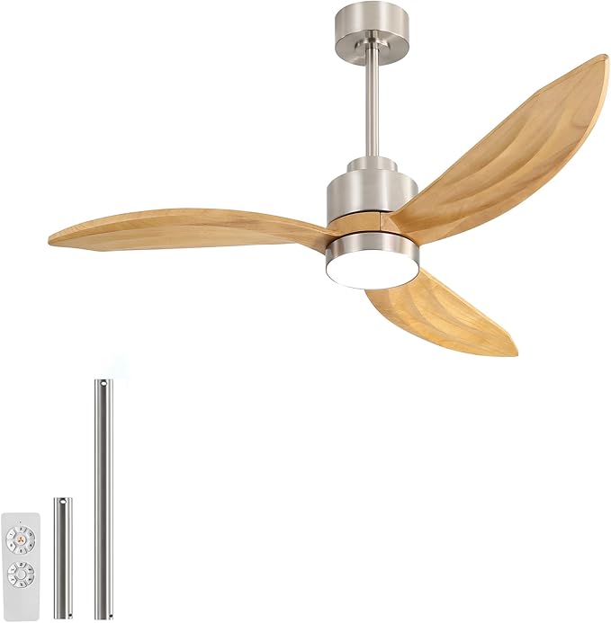 52" Wood Ceiling Fan with Lights and Remote Control, 3 Blades 6-Speed Dimmable Light Reversible DC Motor Ceiling fan for Kitchen Bedroom Dining Living Room, Wood Blades with Nickel