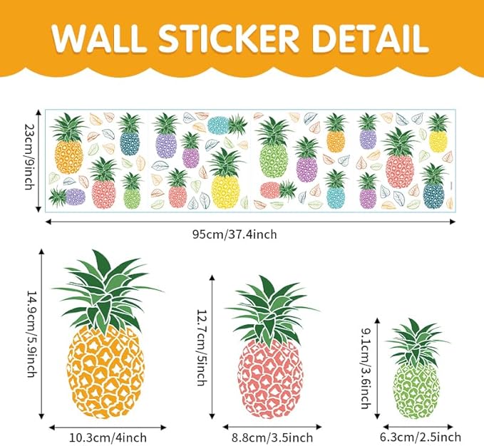 Watercolor Pineapple Window Stickers Cute Fruit Pineapple Plant Leaf Window Stickers Kitchen Kids Bedroom Living Room Dining Room Self-Adhesive PVC Removable Home Decor Wall Stickers Wallpaper