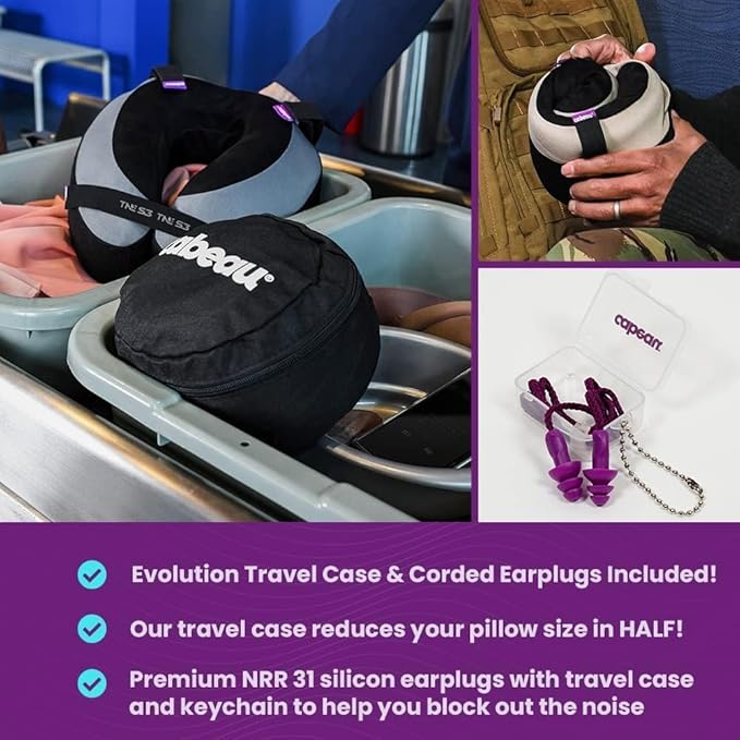 Cabeau The Neck's Evolution, TNE S3 Travel Neck Pillow Memory Foam Airplane Pillow - Neck Pillow with Attachment Straps - 360-Degree Support for Travel, Home, Office, and Gaming - (Cairo Tan)