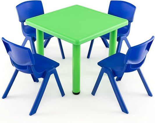 24" L x 24" W Kids Table and 4 Chairs Set, 1-8 Year Old Toddler Activity Craft Table for Toddlers Home, Nursery, Classrooms - Green Blue