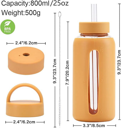 25oz Glass Water Bottles，glass tumbler with straw and 2 lid，Glass Cup with Lid and Straw(BPA Free)，Water Bottle with Handle for Outdoor Sports and Home Use. (Orange)