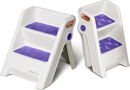 UNCLE WU Foldable 2-Step Stool for Kids -Potty Seat Training Aid with Safety Handles,Durable - Perfect for Potty Training, Bathroom Sink,Kitchen Stand Stool & Bedroom Step Stool (Purple)