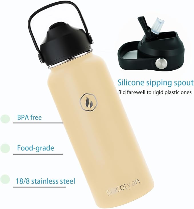 22 OZ Insulated Water Bottle with Straw,Sports Water Bottle Stainless Steel Wide Mouth Bottle for Home,Gym,Travel Outdoor,Beige