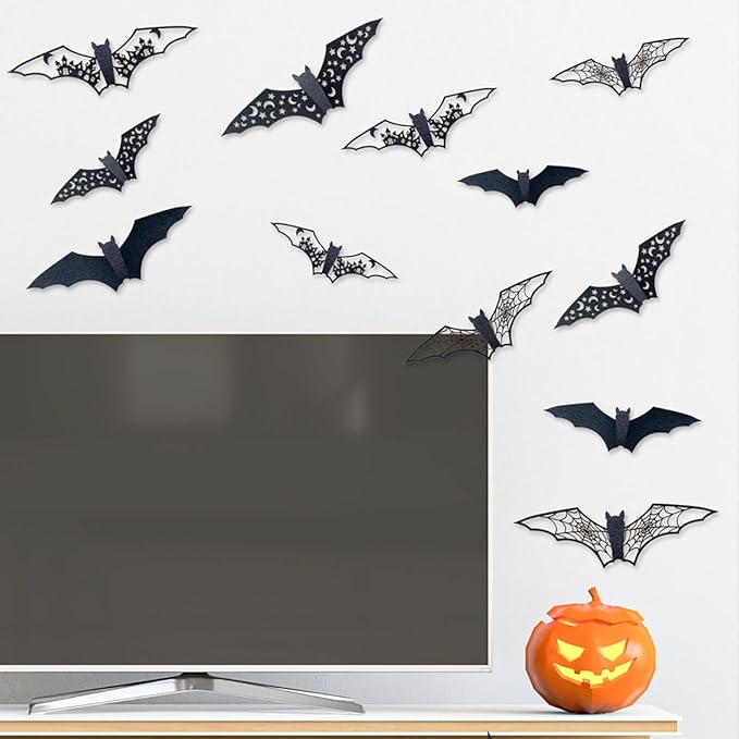 24Pcs Halloween Decorations Large Hollow Bats Wall Decor 3D Halloween Wall Decals PVC Scary Bat Stickers for Kitchen Bedroom Fireplace Bathroom Home Indoor Outdoor Halloween Party Decorations