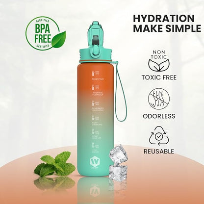 1L Water Bottle with Straw - Leak-Proof & BPA Free Reusable Sports Bottle - Motivational Time Markings for Hydration Durable Drink Bottle for Gym, Sports, Outdoor (Orange and Green)