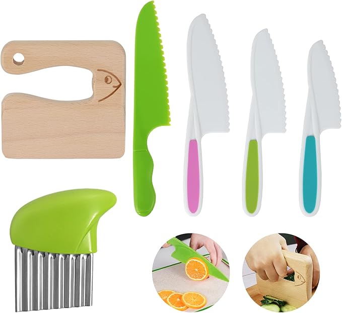 6 Pieces Wooden Kids Knife for Cooking, Kid Safe Knives Cutting Veggies Fruits Include Wood Kids Knife Plastic Potato Slicers Serrated Edges Knives Sets for Toddler Kitchen Children