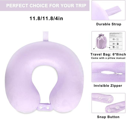 Travel Neck Pillow Airplane, Soft Memory Foam Support Head Neck Chin, with Removale Cover and Adjustable Snap Button, Comfortable Sleeping in Plane Car Train Traveling Office Home, Purple